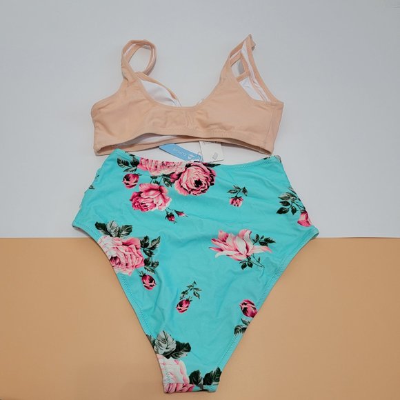 CUPSHE Women's Floral Halter High Waisted Peach and Tiffany Blue Bikini size S - Picture 8 of 12